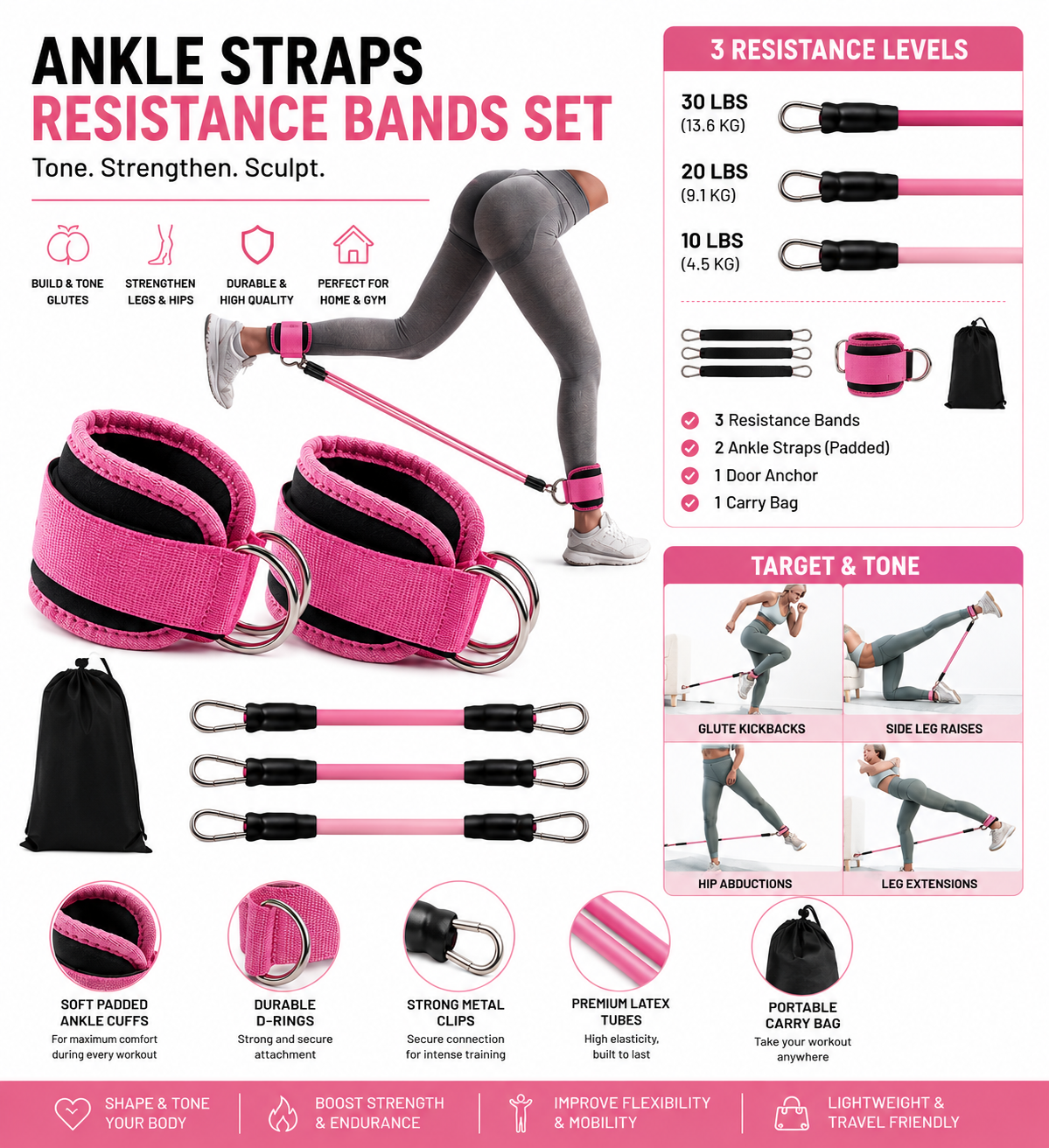 Sculpta™ Adjustable Ankle Resistance Bands | Glute & Leg Training Straps for Home & Gym