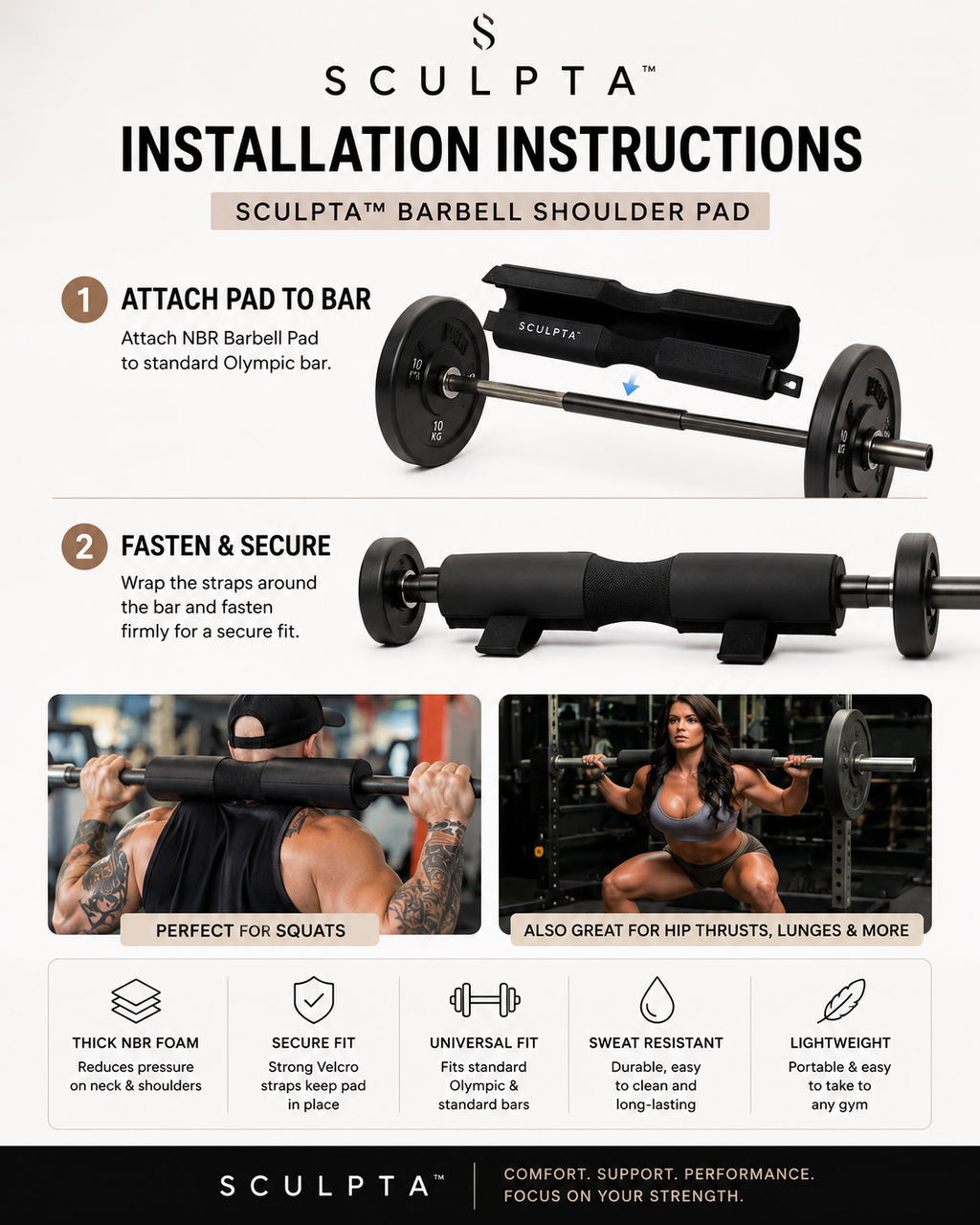 Sculpta™ Barbell Shoulder Pads Thickened Squat Weightlifting Foam Neck Pads Lunges Hip Thrusts Powerlifting Deadlift Gym Fitness Training