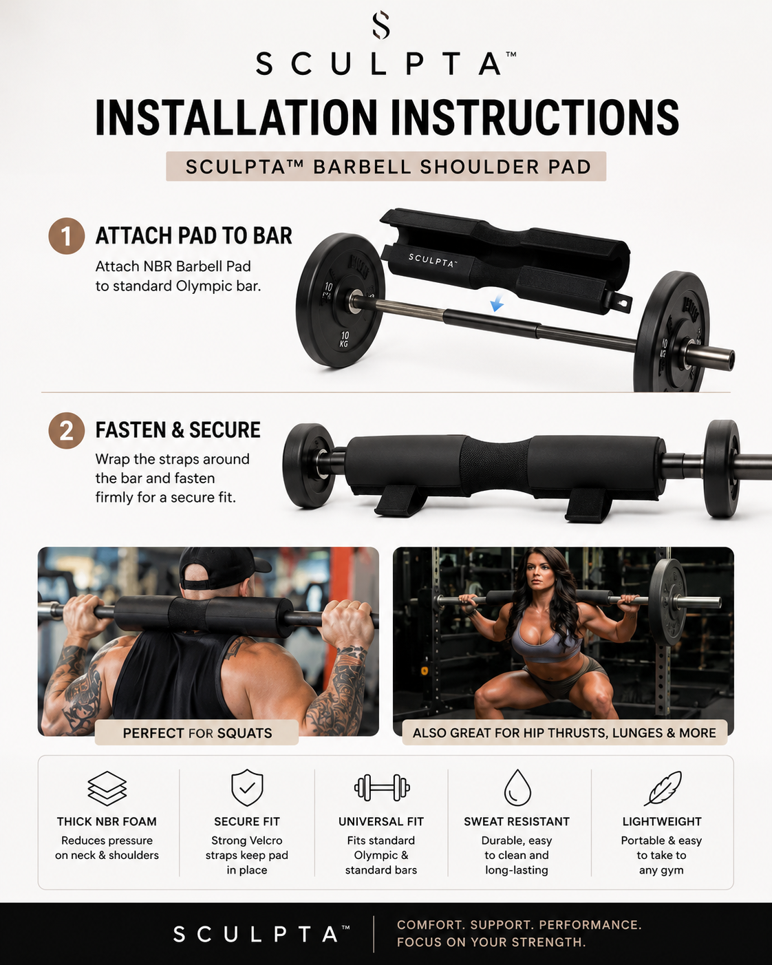 Sculpta™ Barbell Shoulder Pads Thickened Squat Weightlifting Foam Neck Pads Lunges Hip Thrusts Powerlifting Deadlift Gym Fitness Training