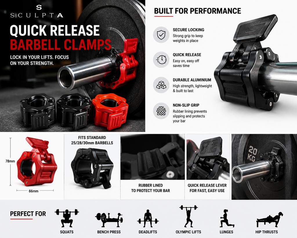 Sculpta™ Quick Release Barbell Clamps (Pair) | Olympic Barbell Lock Collars for Weightlifting, Powerlifting & Strength Training