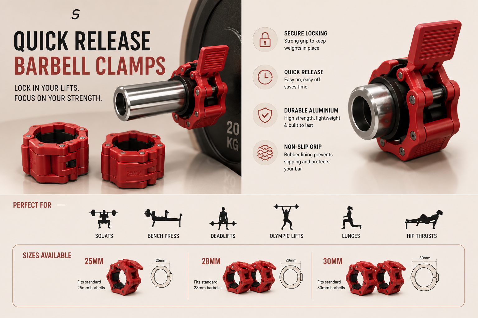 Sculpta™ Quick Release Barbell Clamps (Pair) | Olympic Barbell Lock Collars for Weightlifting, Powerlifting & Strength Training