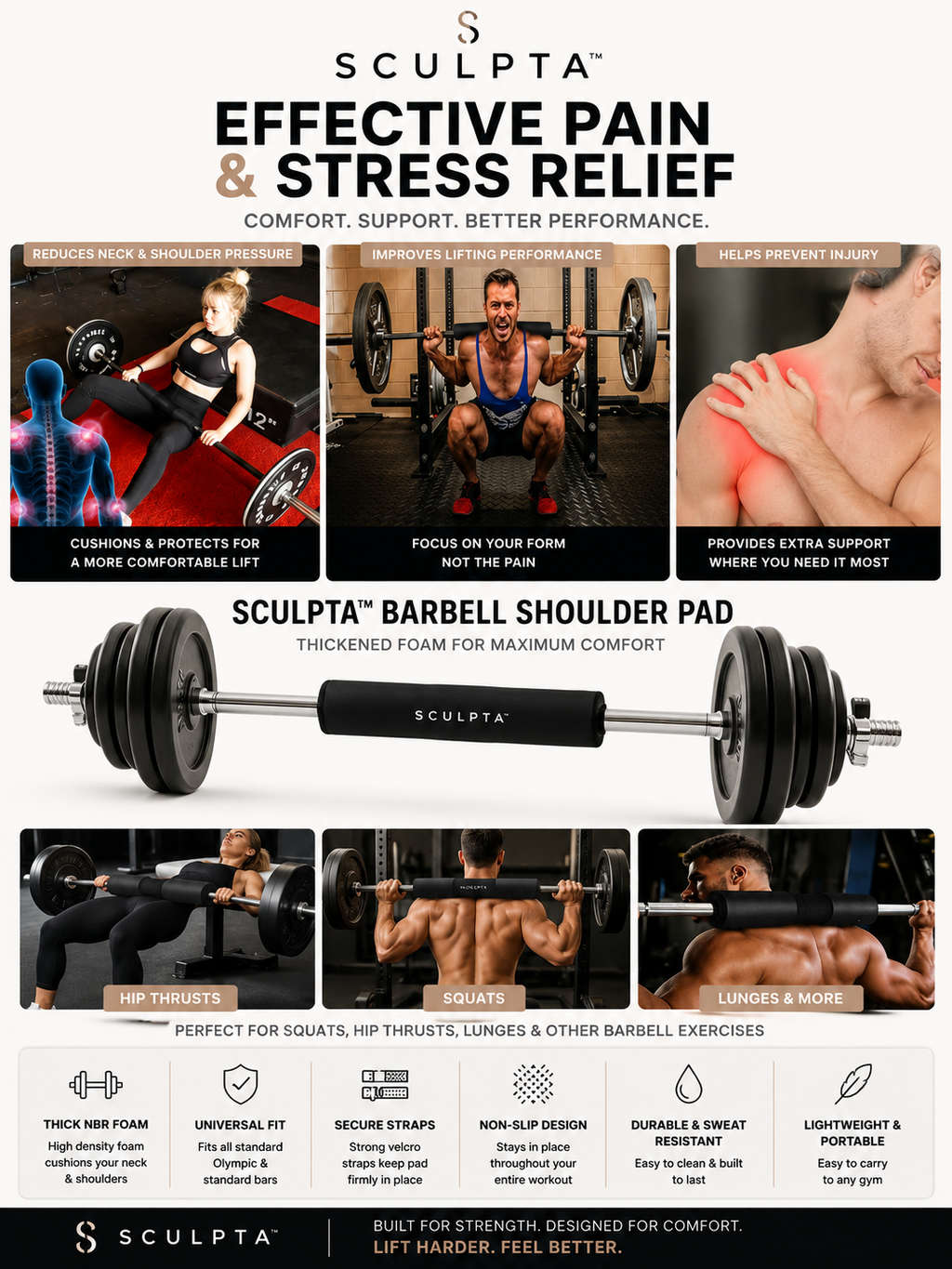 Sculpta™ Barbell Shoulder Pads Thickened Squat Weightlifting Foam Neck Pads Lunges Hip Thrusts Powerlifting Deadlift Gym Fitness Training