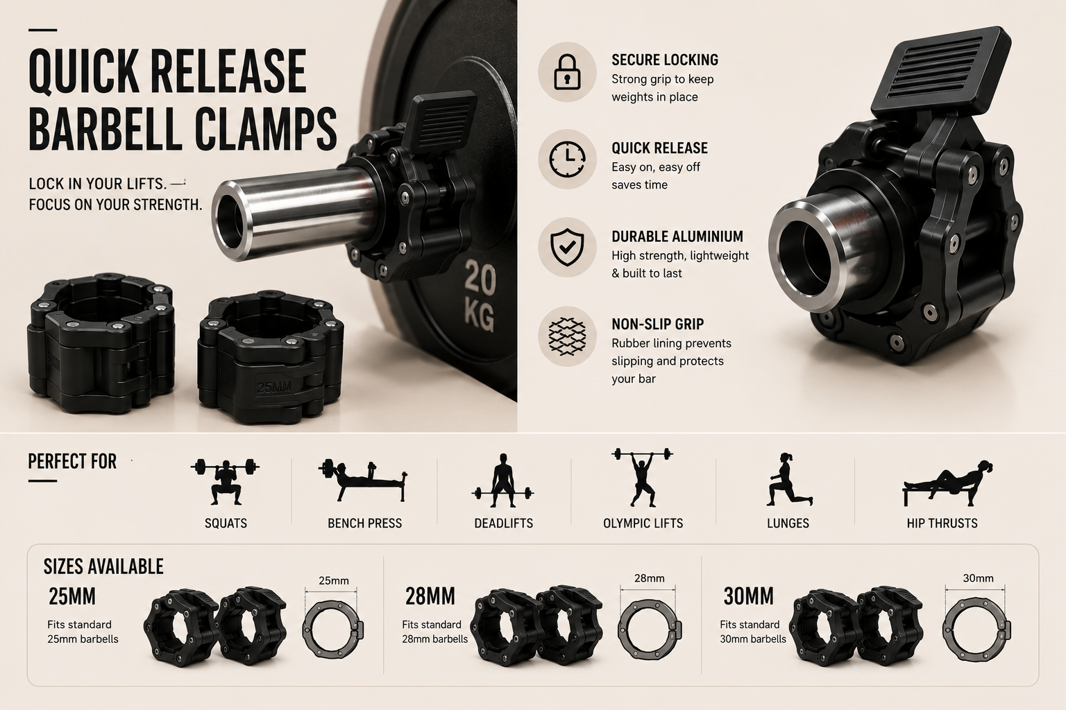 Sculpta™ Quick Release Barbell Clamps (Pair) | Olympic Barbell Lock Collars for Weightlifting, Powerlifting & Strength Training