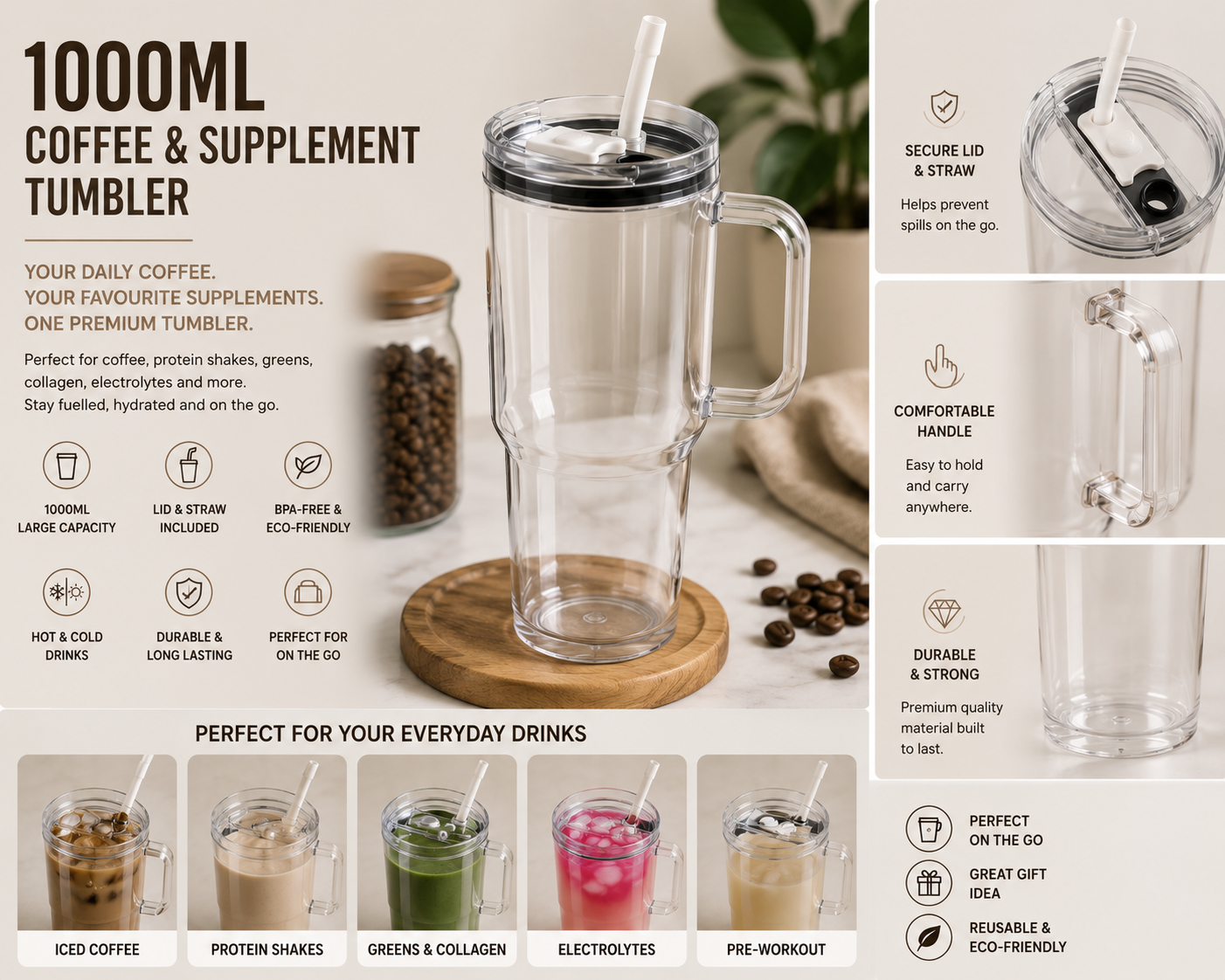 Sculpta™ 1000ml Coffee & Supplement Tumbler | Reusable Travel Cup with Lid & Straw