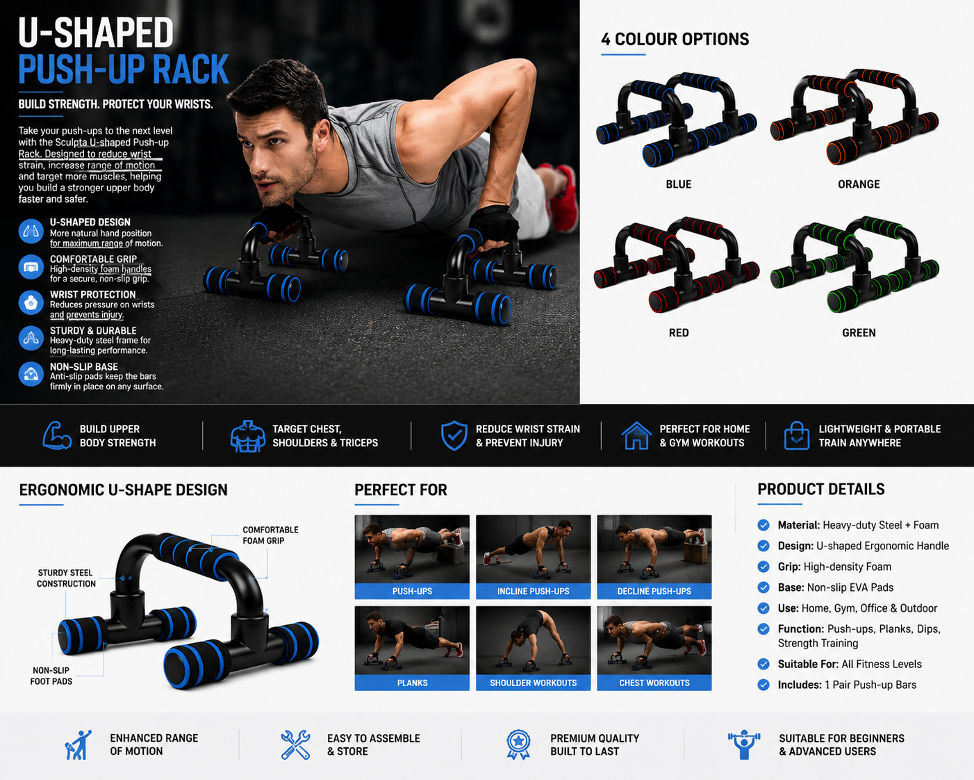 Sculpta® U-Shaped Push-Up Bars | Non-Slip Strength Training Push-Up Handles for Home Gym Workouts