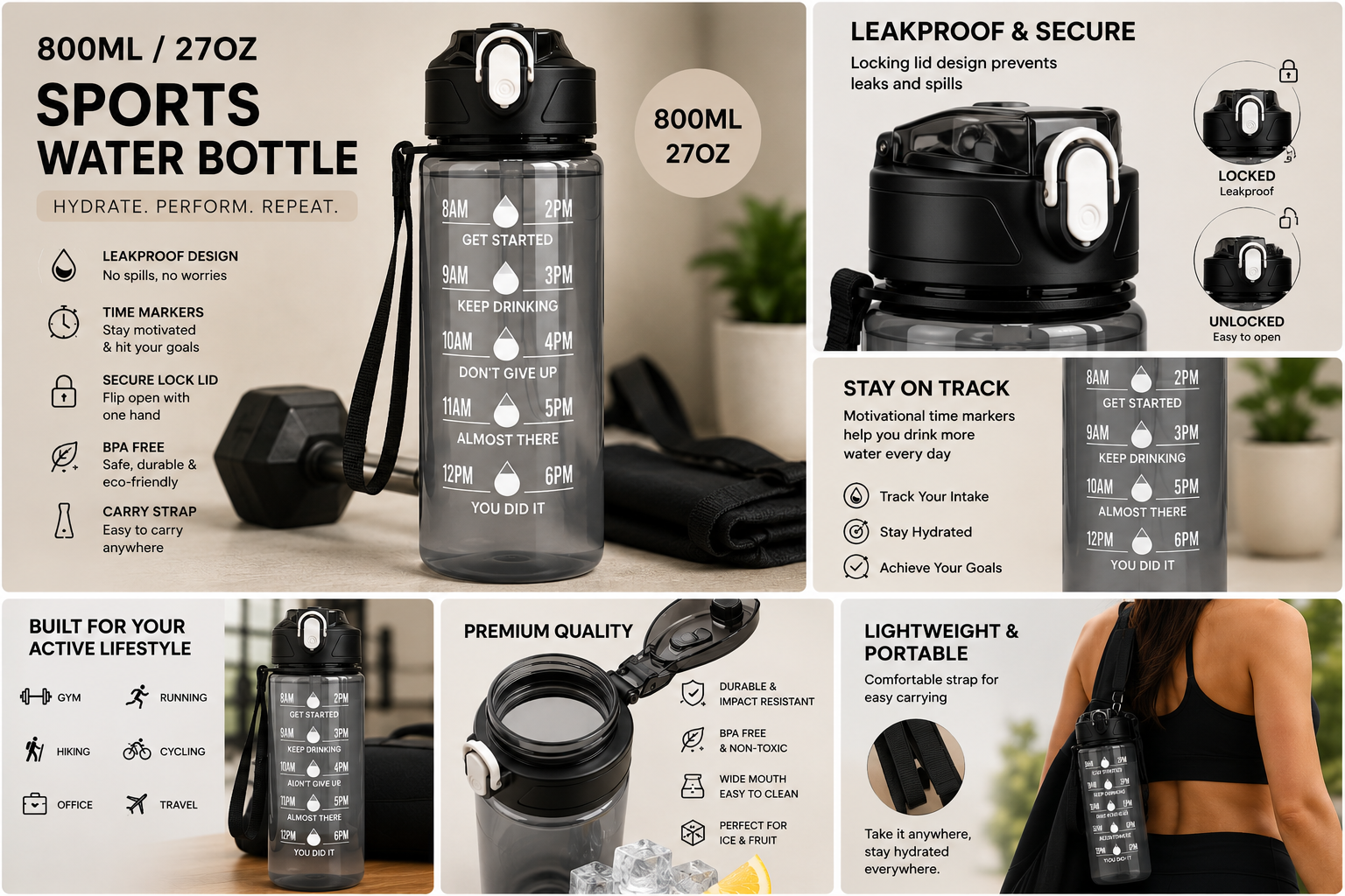 Sculpta™ 800ml Sports Water Bottle | Leakproof Gym Bottle with Time Marker & Carry Strap