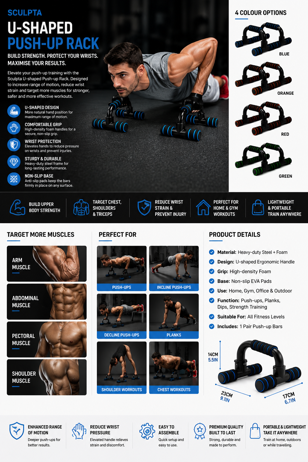 Sculpta® U-Shaped Push-Up Bars | Non-Slip Strength Training Push-Up Handles for Home Gym Workouts