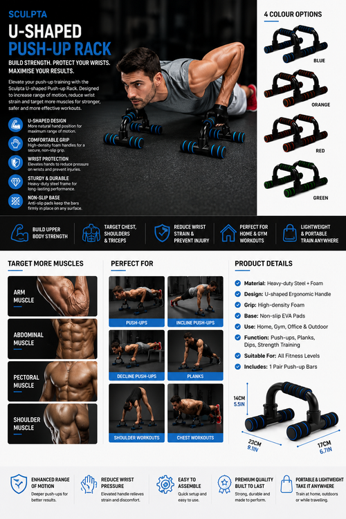 Sculpta® U-Shaped Push-Up Bars | Non-Slip Strength Training Push-Up Handles for Home Gym Workouts