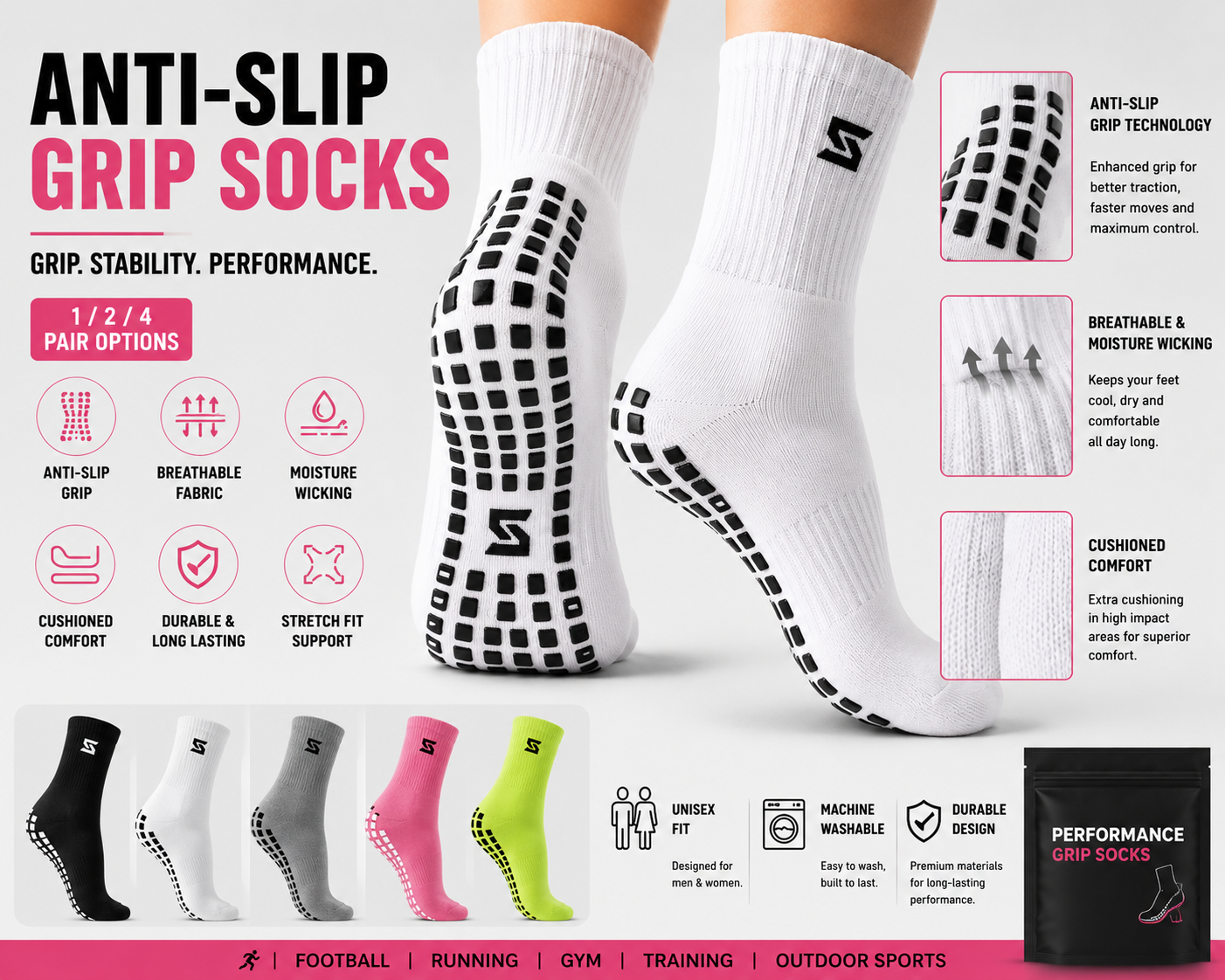 Sculpta™ Anti-Slip Grip Football Socks | Non-Slip Sports Socks for Football, Running, Gym, Rugby & Training (1, 2 or 4 Pairs)