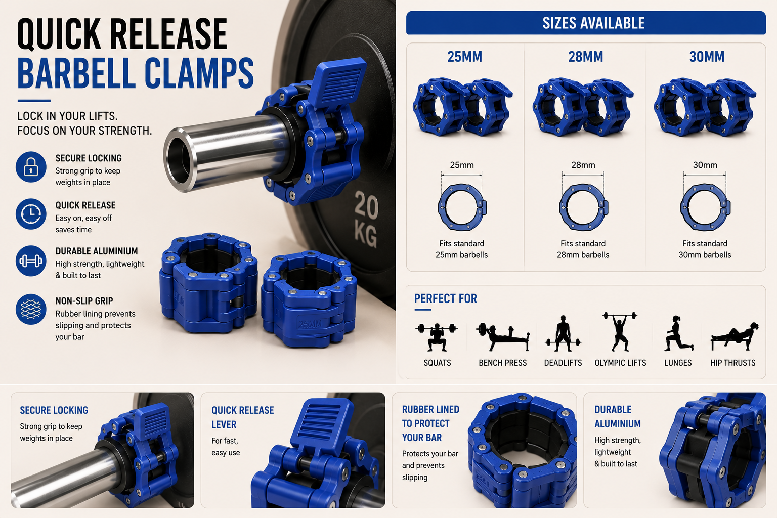 Sculpta™ Quick Release Barbell Clamps (Pair) | Olympic Barbell Lock Collars for Weightlifting, Powerlifting & Strength Training