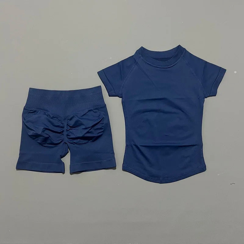 Sculpta™ 2 Piece Seamless Gym Set | Women’s Short Sleeve Crop Top & High Waist Sports Shorts Activewear