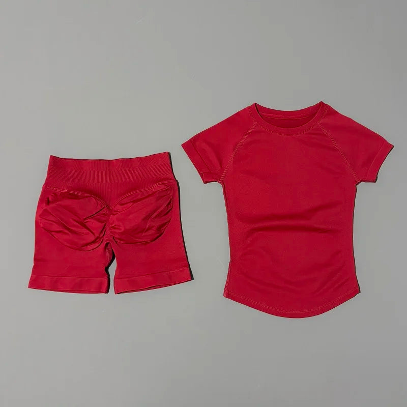 Sculpta™ 2 Piece Seamless Gym Set | Women’s Short Sleeve Crop Top & High Waist Sports Shorts Activewear