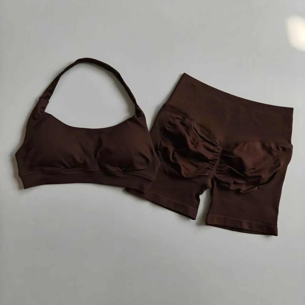 Sculpta™ Halter Neck Sports Bra & High Waist Scrunch Shorts Gym Set | Seamless Yoga & Pilates Activewear for Women