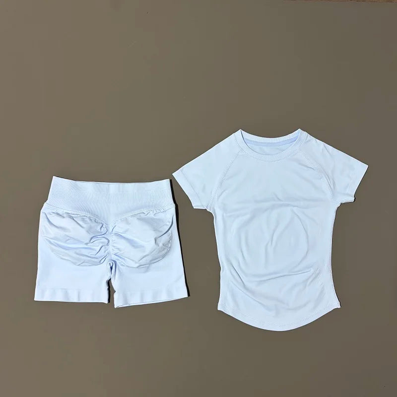 Sculpta™ 2 Piece Seamless Gym Set | Women’s Short Sleeve Crop Top & High Waist Sports Shorts Activewear