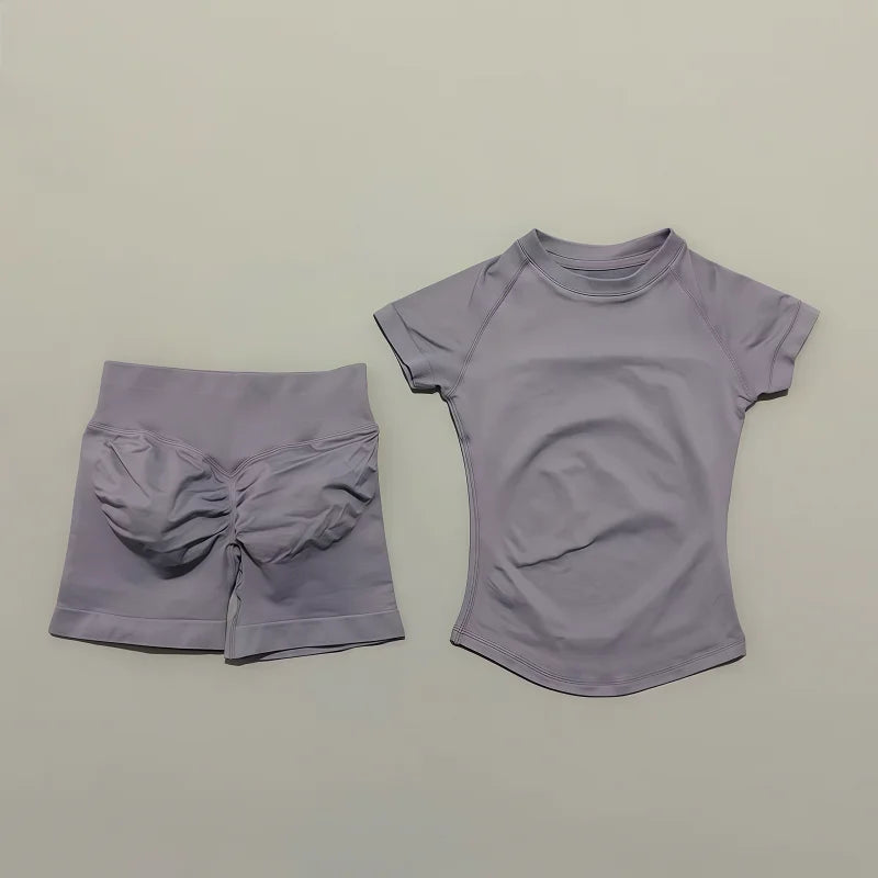 Sculpta™ 2 Piece Seamless Gym Set | Women’s Short Sleeve Crop Top & High Waist Sports Shorts Activewear