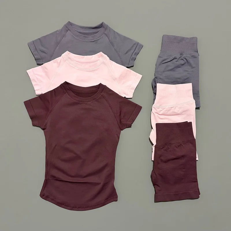 Sculpta™ 2 Piece Seamless Gym Set | Women’s Short Sleeve Crop Top & High Waist Sports Shorts Activewear