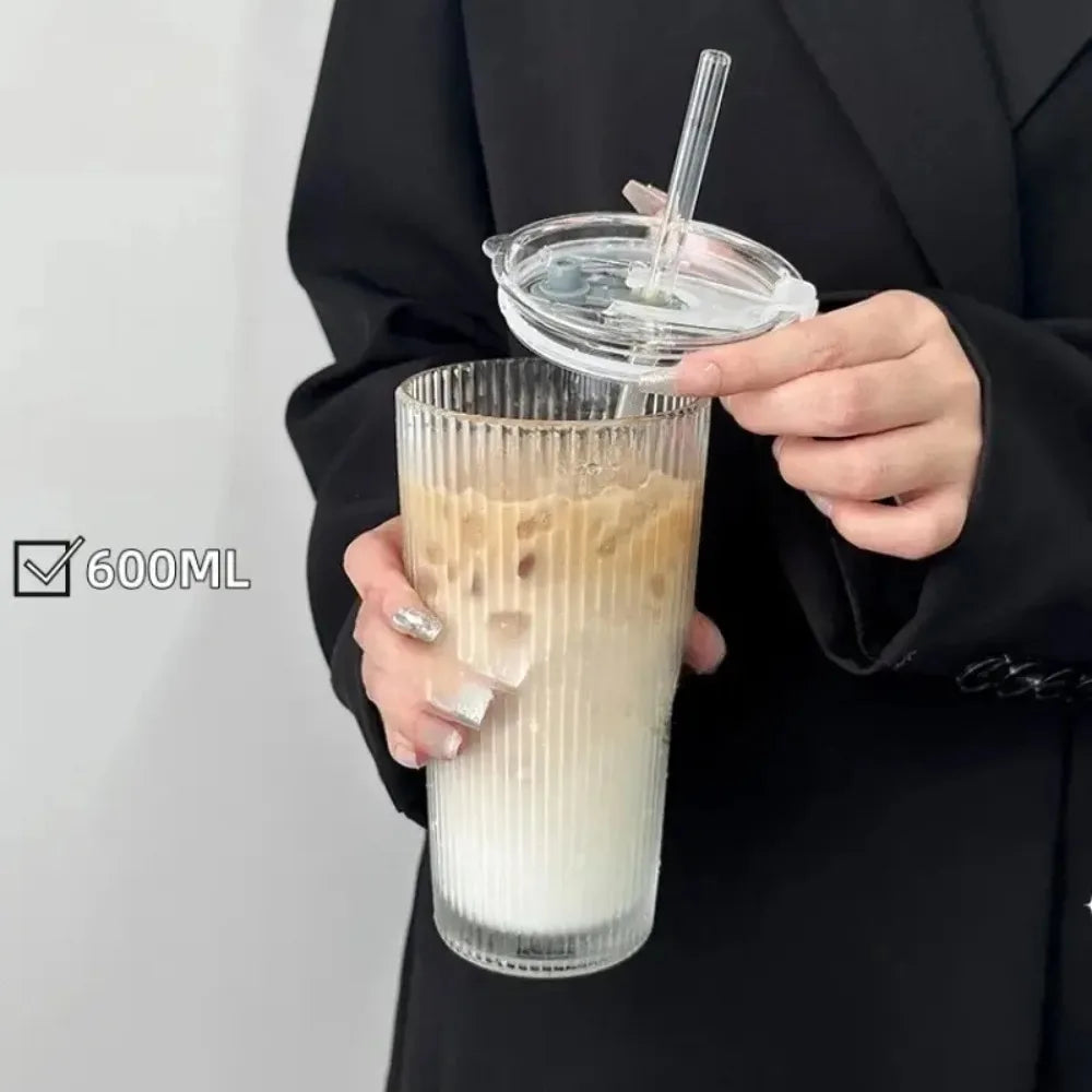 Sculpta™ 600ml Glass Tumbler with Lid & Straw | Premium Coffee, Matcha & Iced Drink Cup