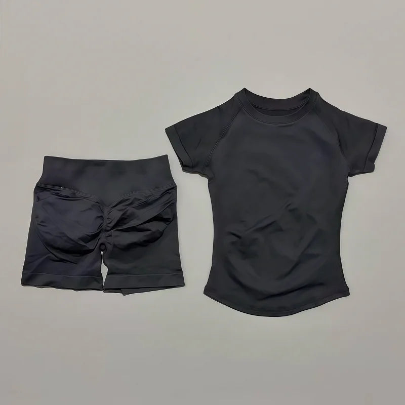 Sculpta™ 2 Piece Seamless Gym Set | Women’s Short Sleeve Crop Top & High Waist Sports Shorts Activewear