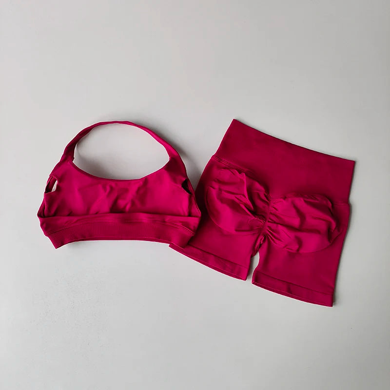 Sculpta™ Halter Neck Sports Bra & High Waist Scrunch Shorts Gym Set | Seamless Yoga & Pilates Activewear for Women