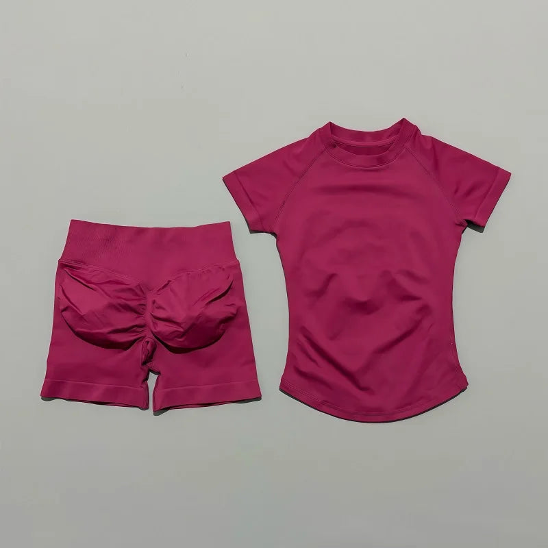 Sculpta™ 2 Piece Seamless Gym Set | Women’s Short Sleeve Crop Top & High Waist Sports Shorts Activewear