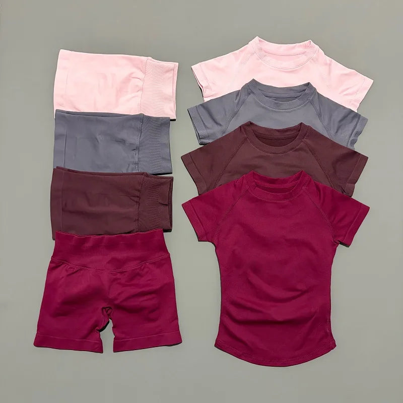 Sculpta™ 2 Piece Seamless Gym Set | Women’s Short Sleeve Crop Top & High Waist Sports Shorts Activewear