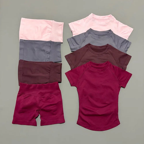 Sculpta™ 2 Piece Seamless Gym Set | Women’s Short Sleeve Crop Top & High Waist Sports Shorts Activewear