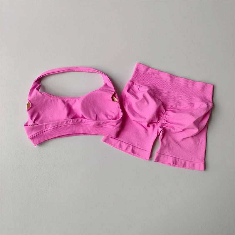 Sculpta™ Halter Neck Sports Bra & High Waist Scrunch Shorts Gym Set | Seamless Yoga & Pilates Activewear for Women