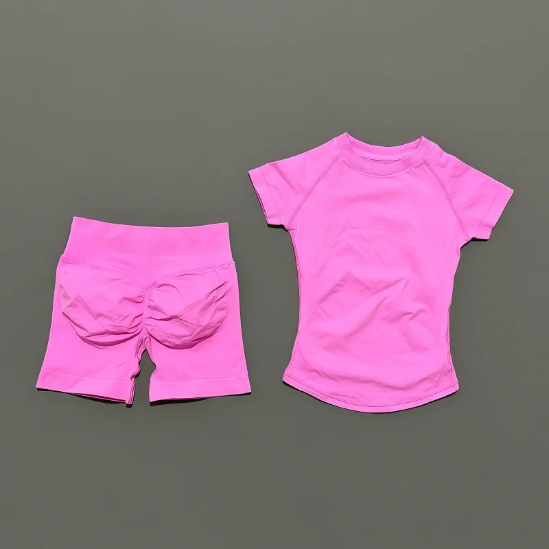 Sculpta™ 2 Piece Seamless Gym Set | Women’s Short Sleeve Crop Top & High Waist Sports Shorts Activewear