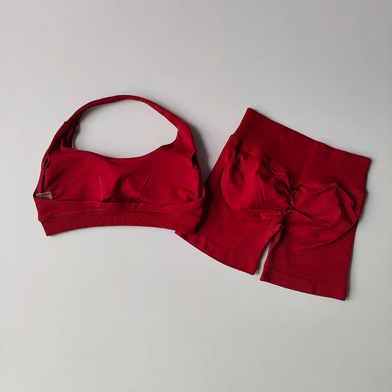 Sculpta™ Halter Neck Sports Bra & High Waist Scrunch Shorts Gym Set | Seamless Yoga & Pilates Activewear for Women