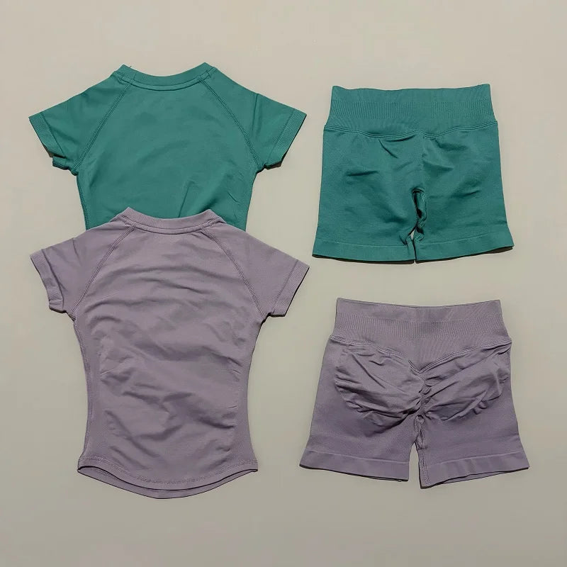 Sculpta™ 2 Piece Seamless Gym Set | Women’s Short Sleeve Crop Top & High Waist Sports Shorts Activewear