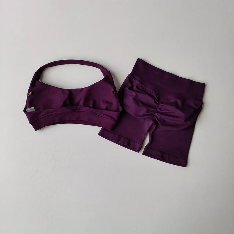 Sculpta™ Halter Neck Sports Bra & High Waist Scrunch Shorts Gym Set | Seamless Yoga & Pilates Activewear for Women