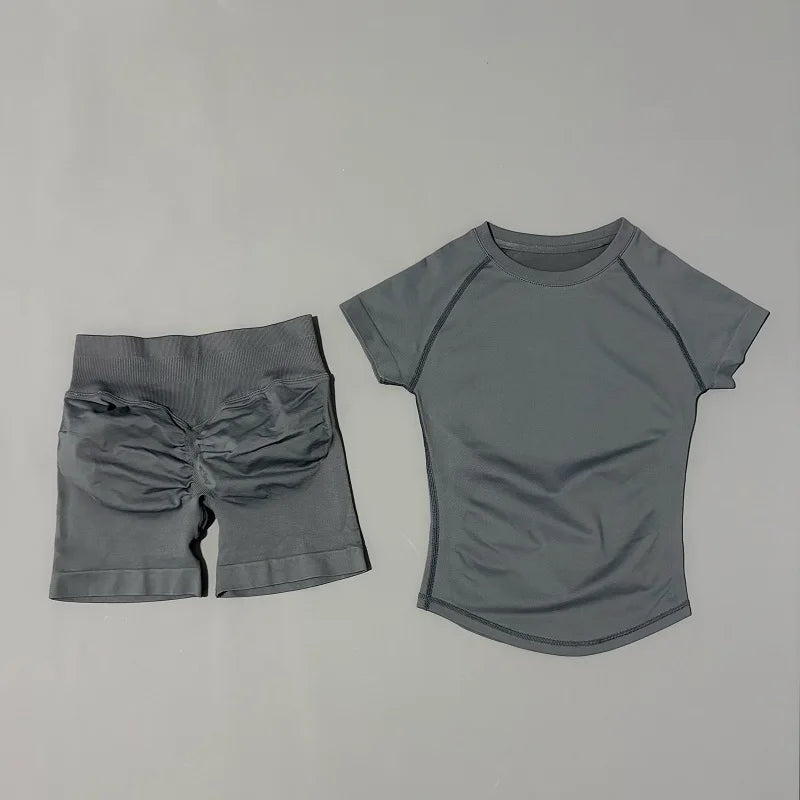 Sculpta™ 2 Piece Seamless Gym Set | Women’s Short Sleeve Crop Top & High Waist Sports Shorts Activewear