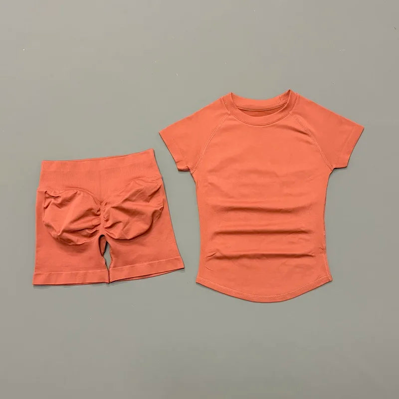 Sculpta™ 2 Piece Seamless Gym Set | Women’s Short Sleeve Crop Top & High Waist Sports Shorts Activewear