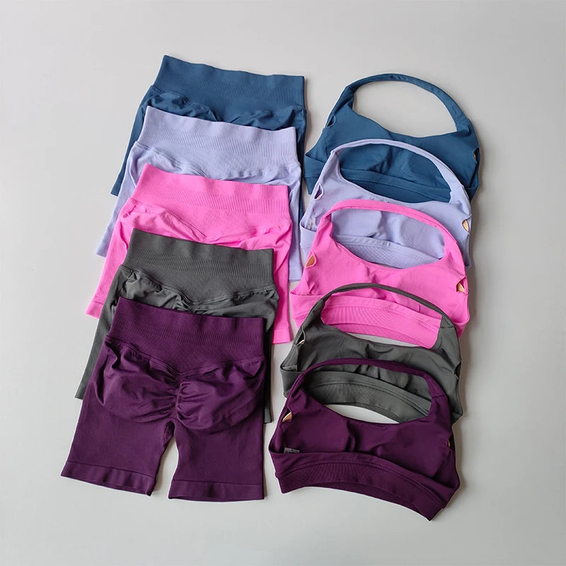 Sculpta™ Halter Neck Sports Bra & High Waist Scrunch Shorts Gym Set | Seamless Yoga & Pilates Activewear for Women
